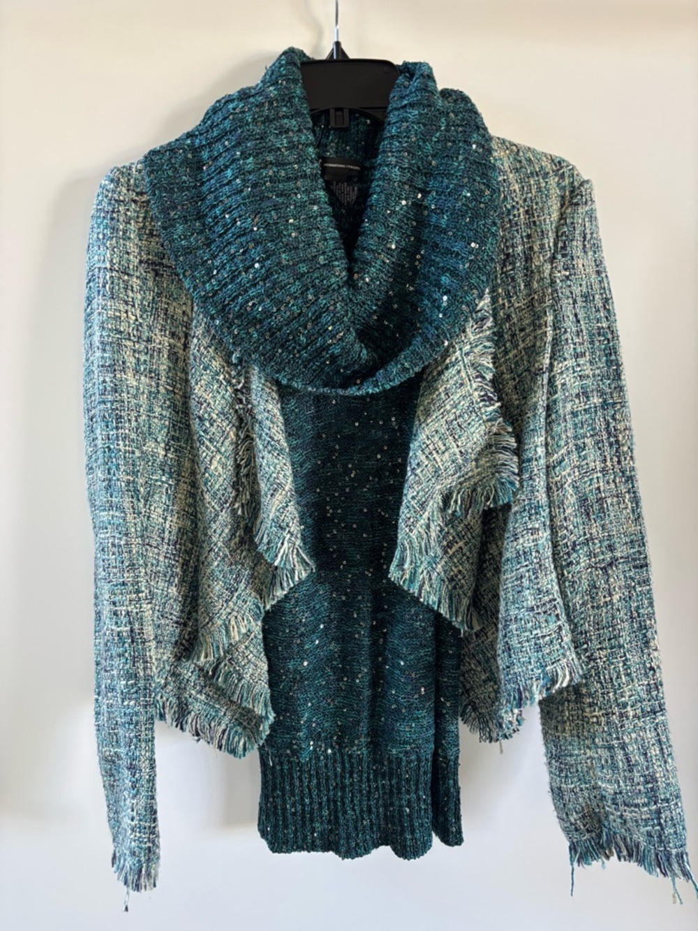 INC 2 Piece Sparkle Cowl Tank Top Sweater And Tweed Fringe Jacket, Medium
